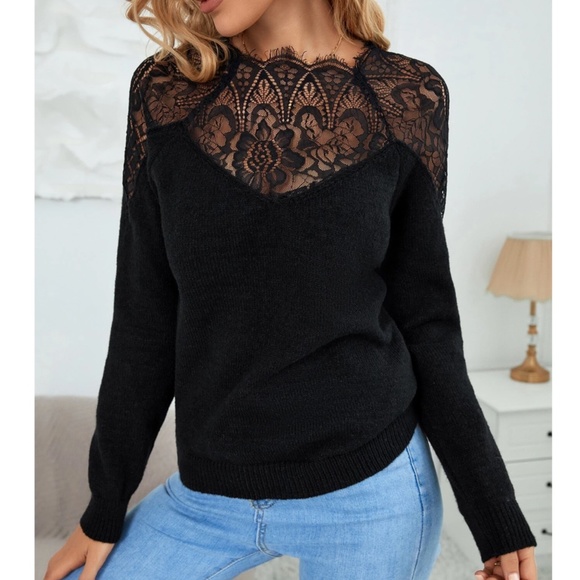 Rouge! Sweaters - Lace Detail Black Knit Sweater